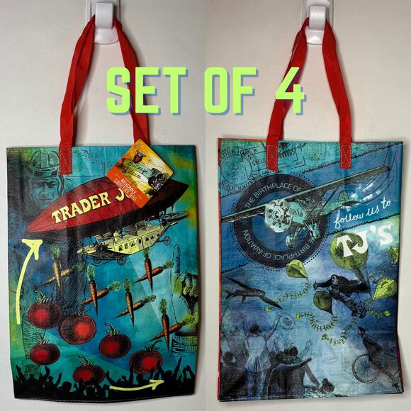 LOT 4x Trader Joe’s Ohio Buckeye State Tote Bag Reusable Plane Rock 'n Roll NWT! - Picture 1 of 10